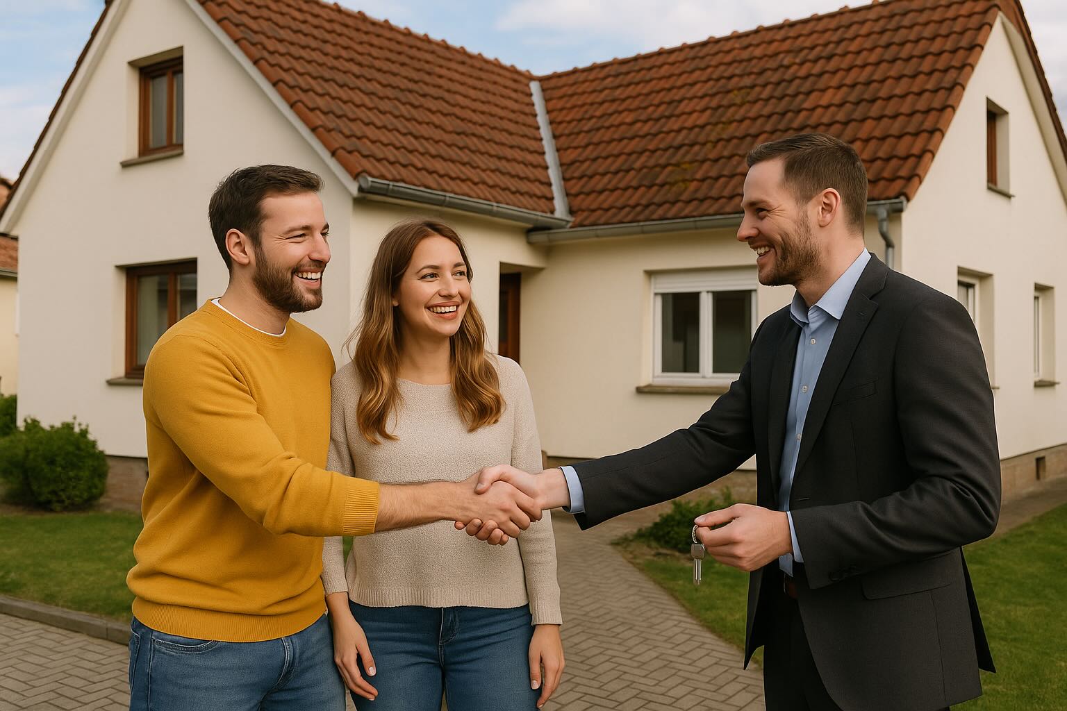 Spokojený pár si podává ruku s realitním makléřem před domem po úspěšné transakci